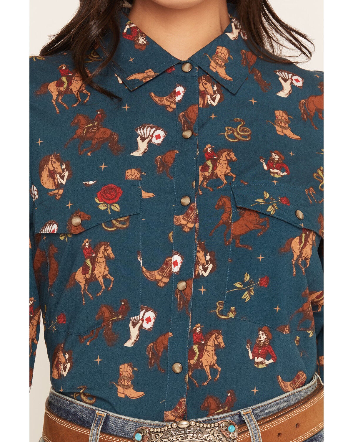 Image #3 - Rock & Roll Denim Women's Western Conversational Print Long Sleeve Snap Western Shirt, Teal, hi-res