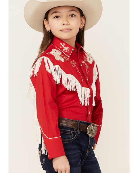 Image #2 - Rockmount Ranchwear Girls' Vintage Long Sleeve pearl Snap Western Shirt , Red, hi-res