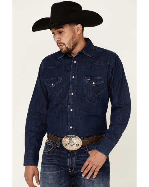 Wrangler Men's Dark Denim Solid Long Sleeve Snap Western Shirt , Dark Blue, hi-res
