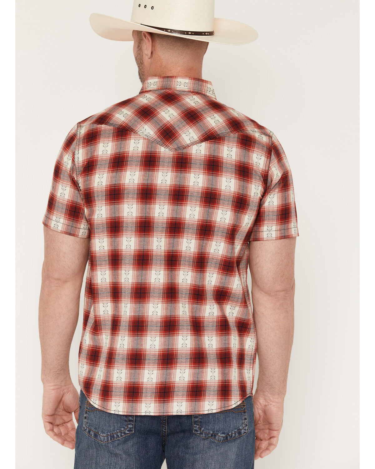 Image #4 - Moonshine Spirit&reg; Men's Deep Red Dobby Plaid Print Short Sleeve Snap Western Shirt, Red, hi-res