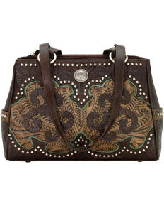 American West Women's Hand Tooled Concealed Carry Multi-Compartment Tote, Chocolate, hi-res