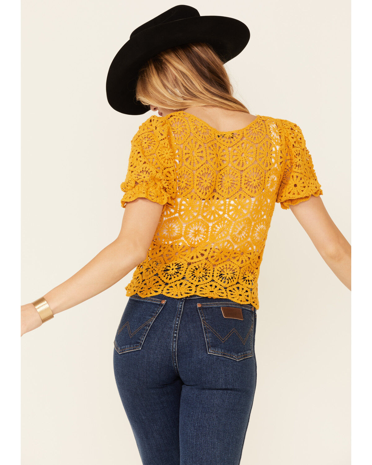Image #4 - Very J Women's Mustard Circle Crochet Short Sleeve Crop Top, Mustard, hi-res
