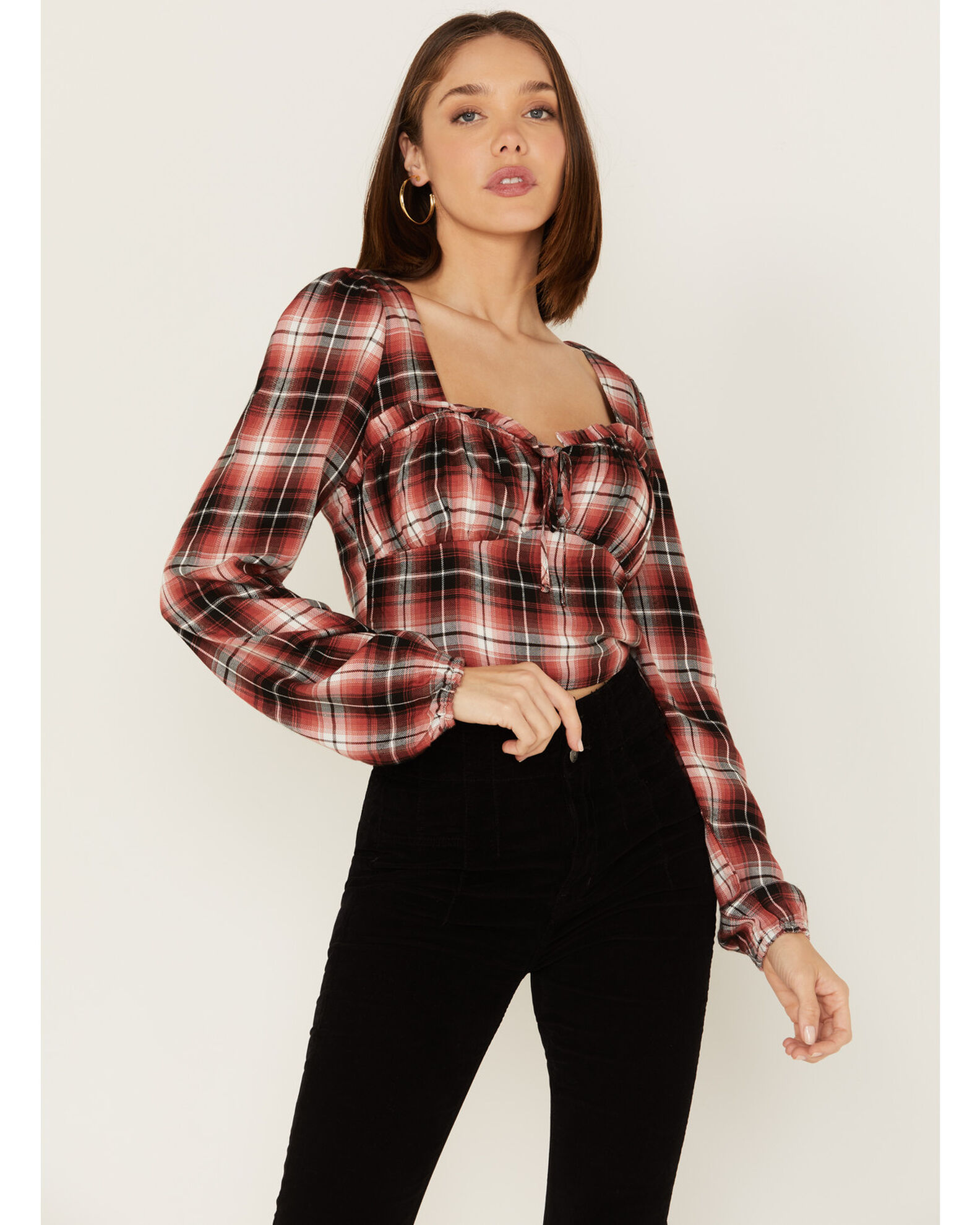 Image #1 - Wild Moss Women's Plaid Print Ruffle Tie Front Crop Top, Brown, hi-res