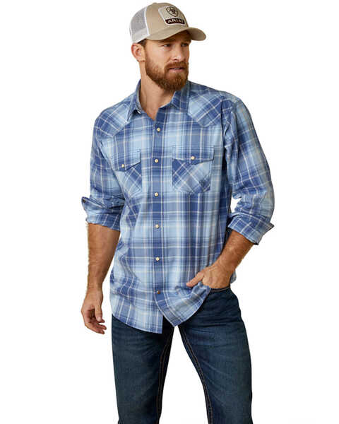 Image #1 - Ariat Men's Halmaty Retro Fit Plaid Print Long Sleeve Snap Western Shirt , Blue, hi-res
