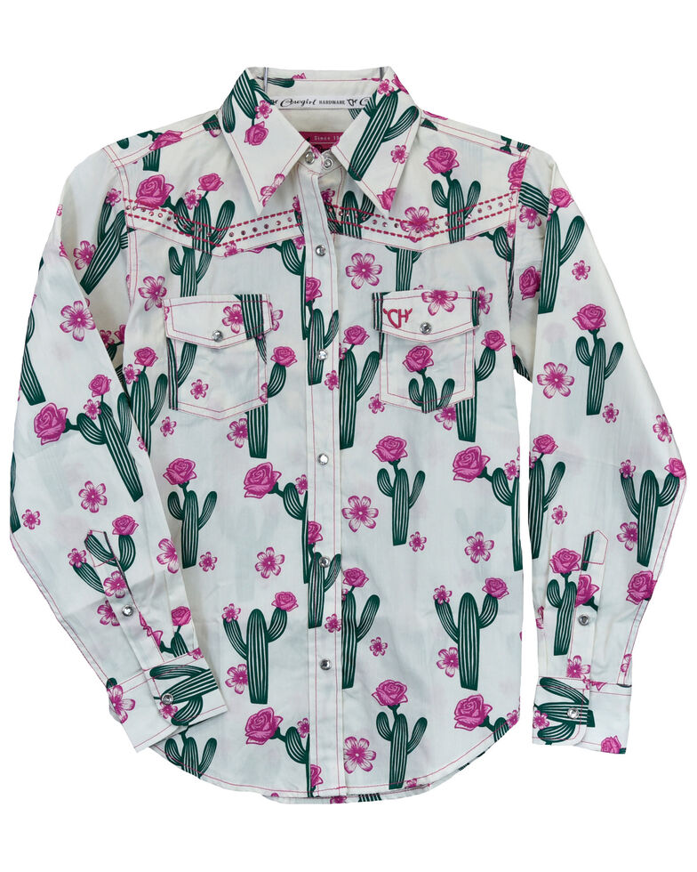 Cowgirl Hardware Toddler-Girls' Cactus Rose Print Long Sleeve Western Snap Shirt, Off White, hi-res