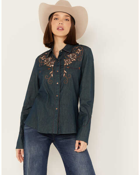 Scully Women's Rose Embroidered Denim Long Sleeve Pearl Snap Western Shirt, Blue, hi-res