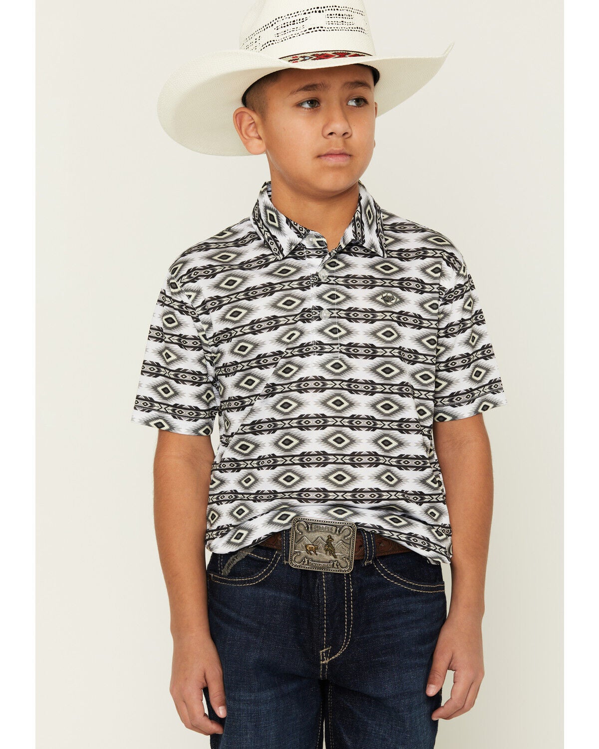 Ariat Boys' AriatTEK Southwestern Geo Print Short Sleeve Button-Down Polo, White, hi-res