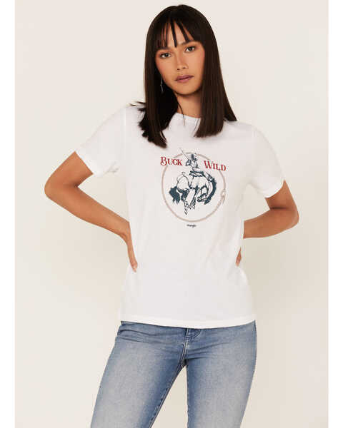 Image #1 - Wrangler Women's Buck Wild Bronco Logo Graphic Tee, White, hi-res