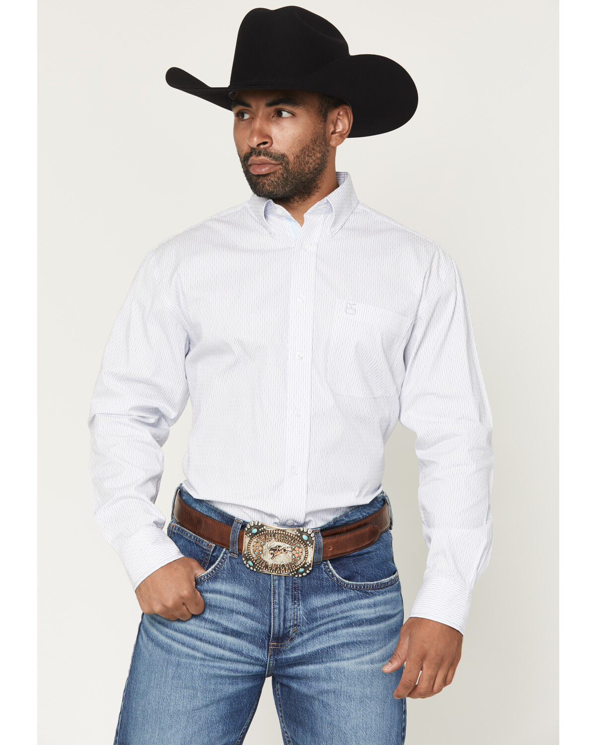 Image #1 - Panhandle Slim Men's Dobby Striped Long Sleeve Button-Down Western Shirt, Blue, hi-res