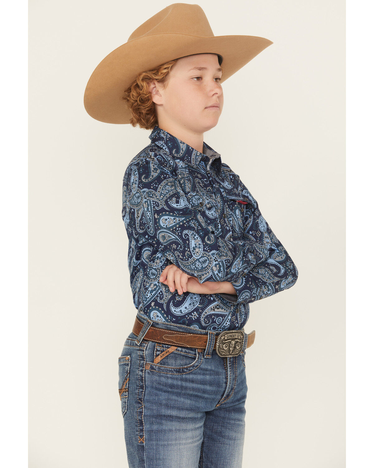 Image #2 - Cody James Boys' Westward Paisley Print Long Sleeve Snap Western Shirt, Navy, hi-res