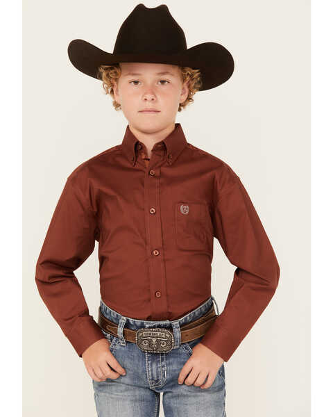 Panhandle Boys' Solid Stretch Long Sleeve Button-Down Shirt, Rust Copper, hi-res