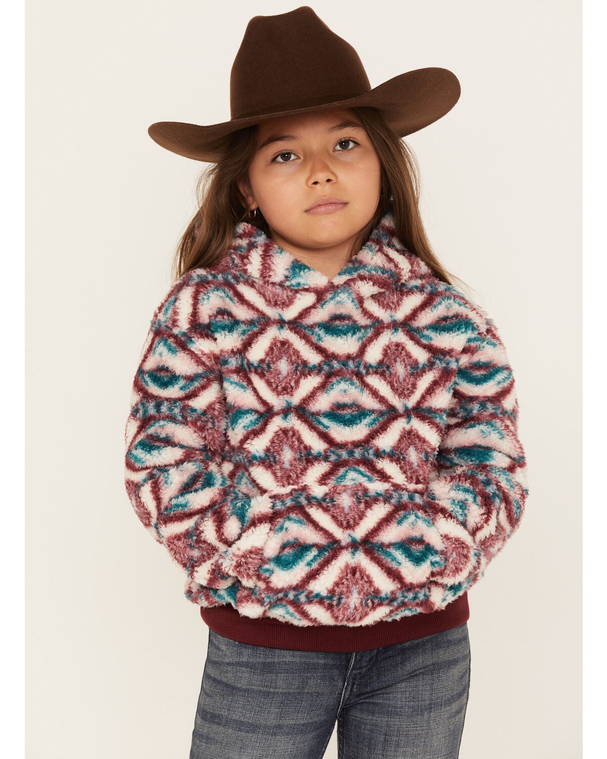 Shyanne Girls' Fuzzy Sherpa Southwestern Print Pullover, Ivory, hi-res