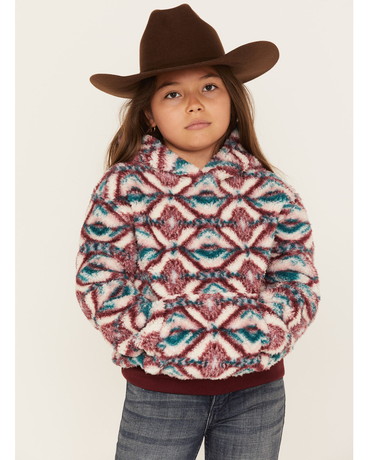 Image #1 - Shyanne Girls' Fuzzy Sherpa Southwestern Print Pullover, Ivory, hi-res