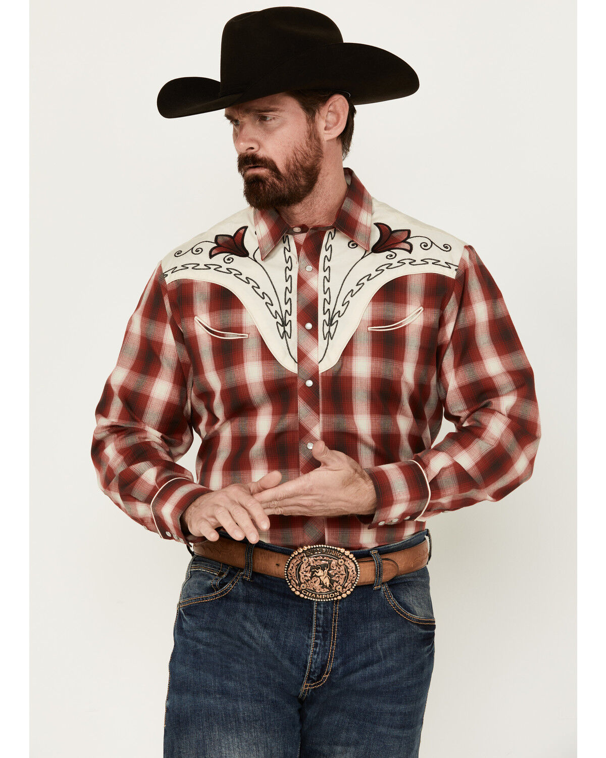 Image #1 - Roper Men's Medium Plaid Print Floral Embroidered Long Sleeve Pearl Snap Western Shirt, Red, hi-res