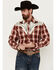 Image #1 - Roper Men's Medium Plaid Print Floral Embroidered Long Sleeve Pearl Snap Western Shirt, Red, hi-res
