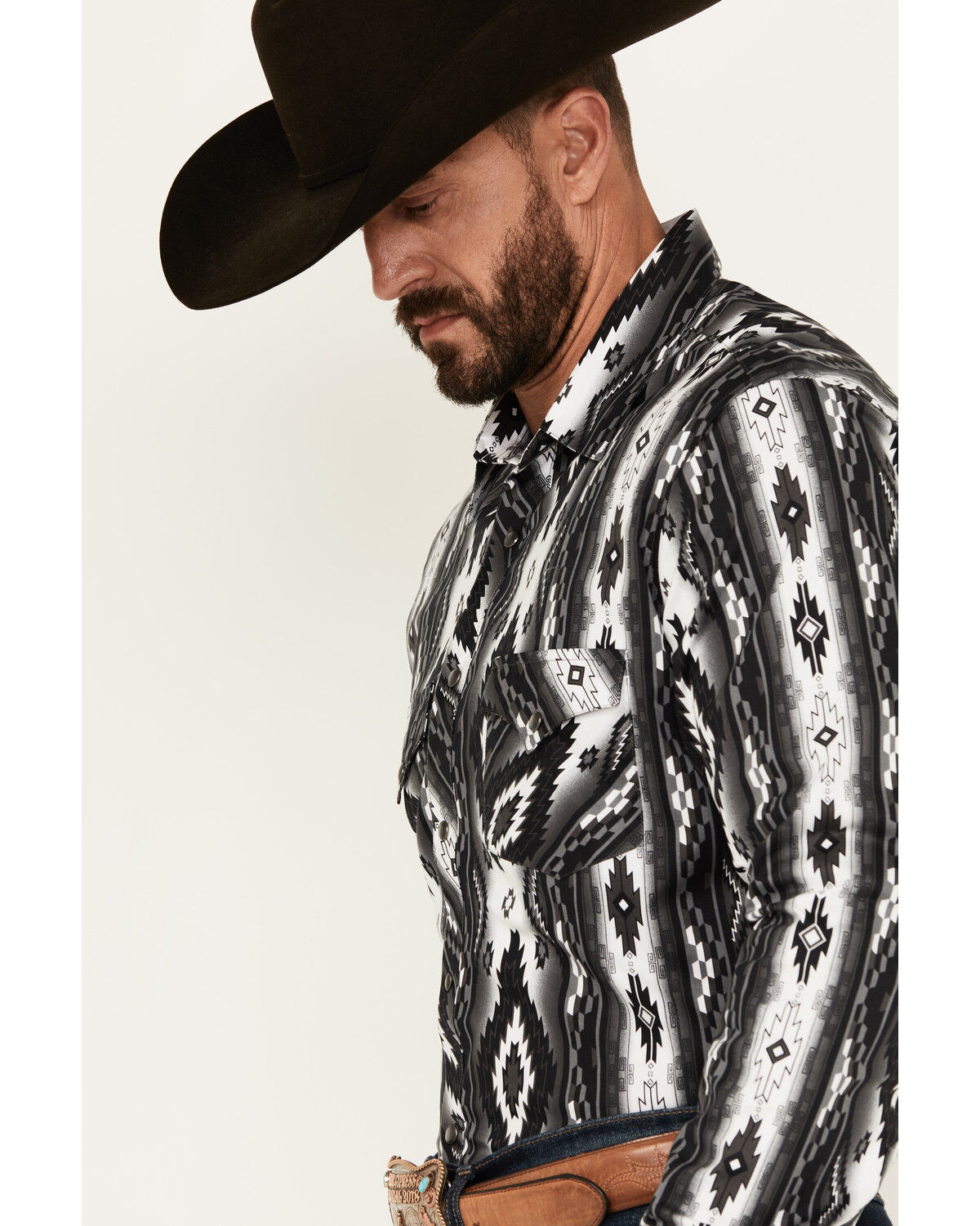 Image #2 - Rock & Roll Denim Men's Southwestern Print Long Sleeve Pearl Snap Stretch Western Shirt, Black, hi-res