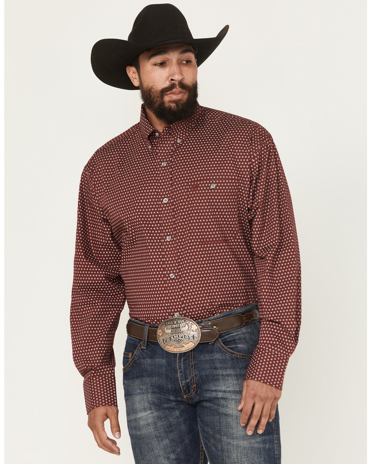 George Strait by Wrangler Men's Medallion Print Long Sleeve Button-Down Stretch Western Shirt - Tall, Wine, hi-res