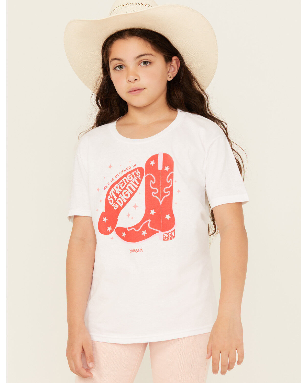 Image #1 - Kerusso Girls' Strength And Dignity Short Sleeve Graphic Tee, White, hi-res