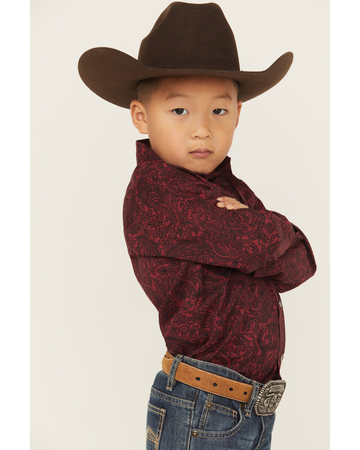 Image #3 - Roper Boys' Paisley Print Long Sleeve Snap Western Shirt, Wine, hi-res