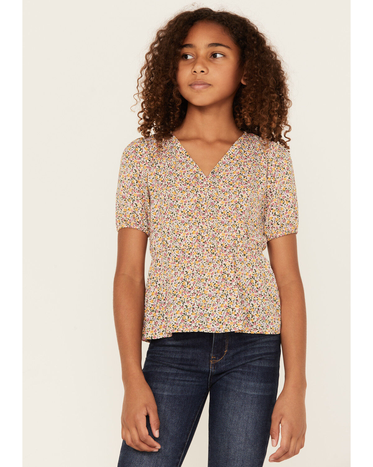 Image #1 - Hayden LA Girls' Ditsy Floral Print Puff Sleeve Top, Blush, hi-res