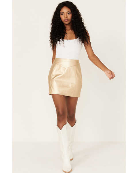 Image #1 - Rock & Roll Denim Women's Metallic Pleather Mini Skirt, Gold, hi-res