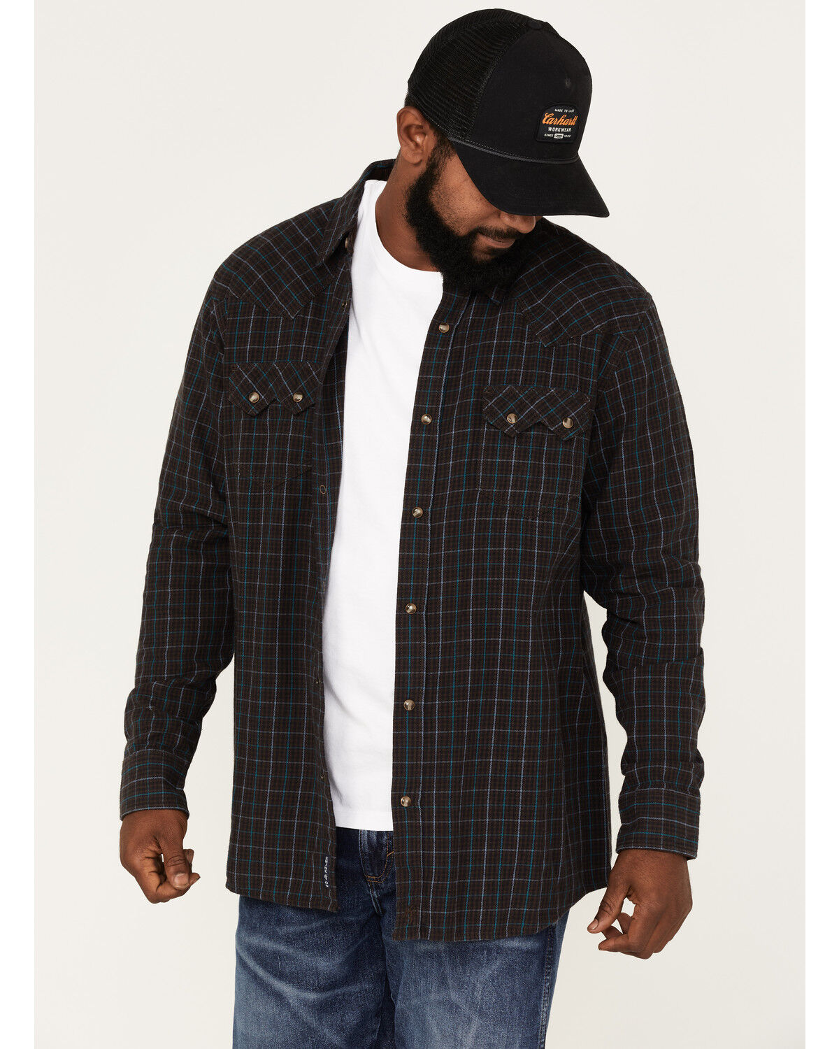 Image #1 - Moonshine Spirit Men's Cask Small Plaid Print Snap Western Flannel Shirt, Brown, hi-res