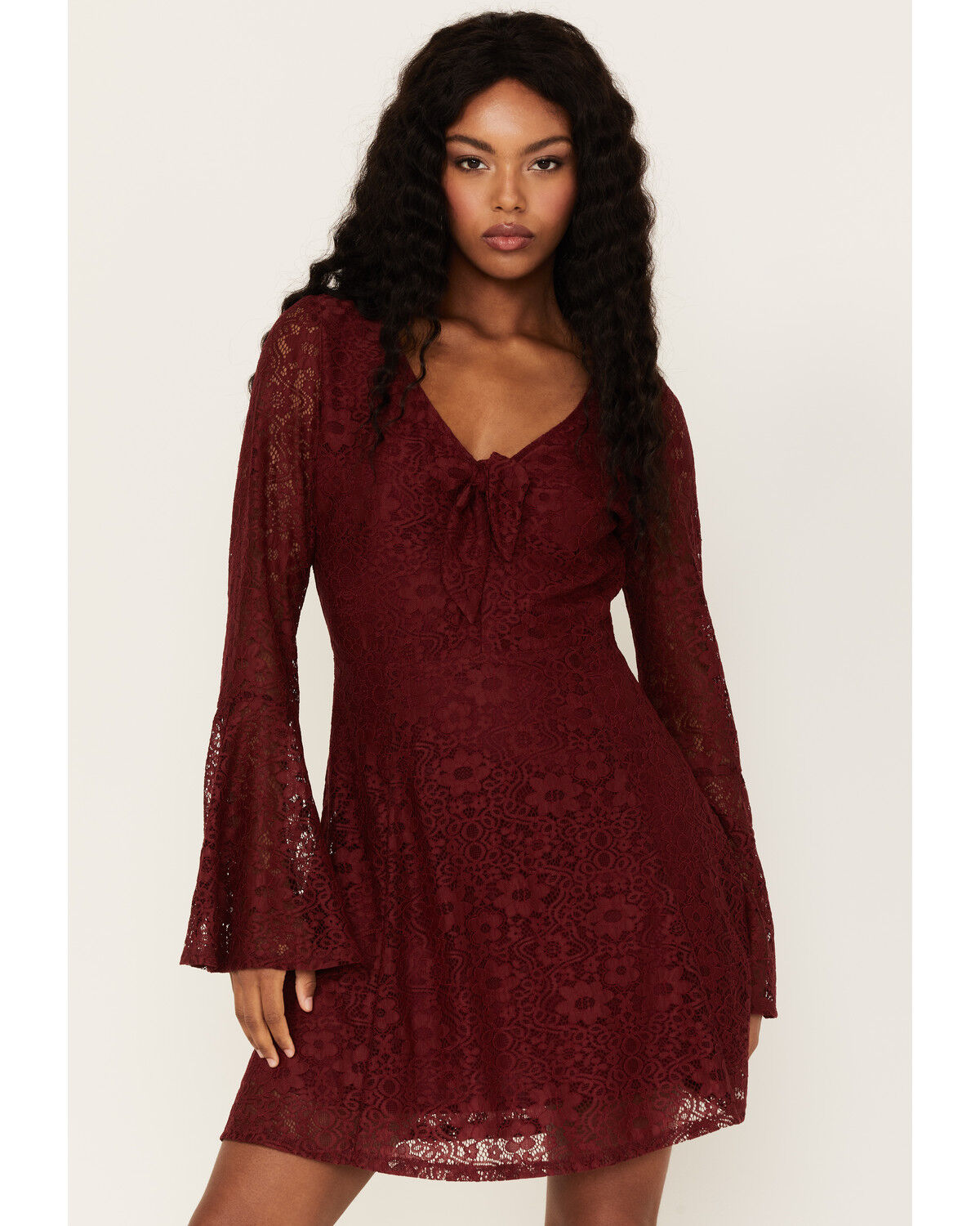 Image #1 - Beyond The Radar Women's Lace Tie Front Mini Dress, Wine, hi-res