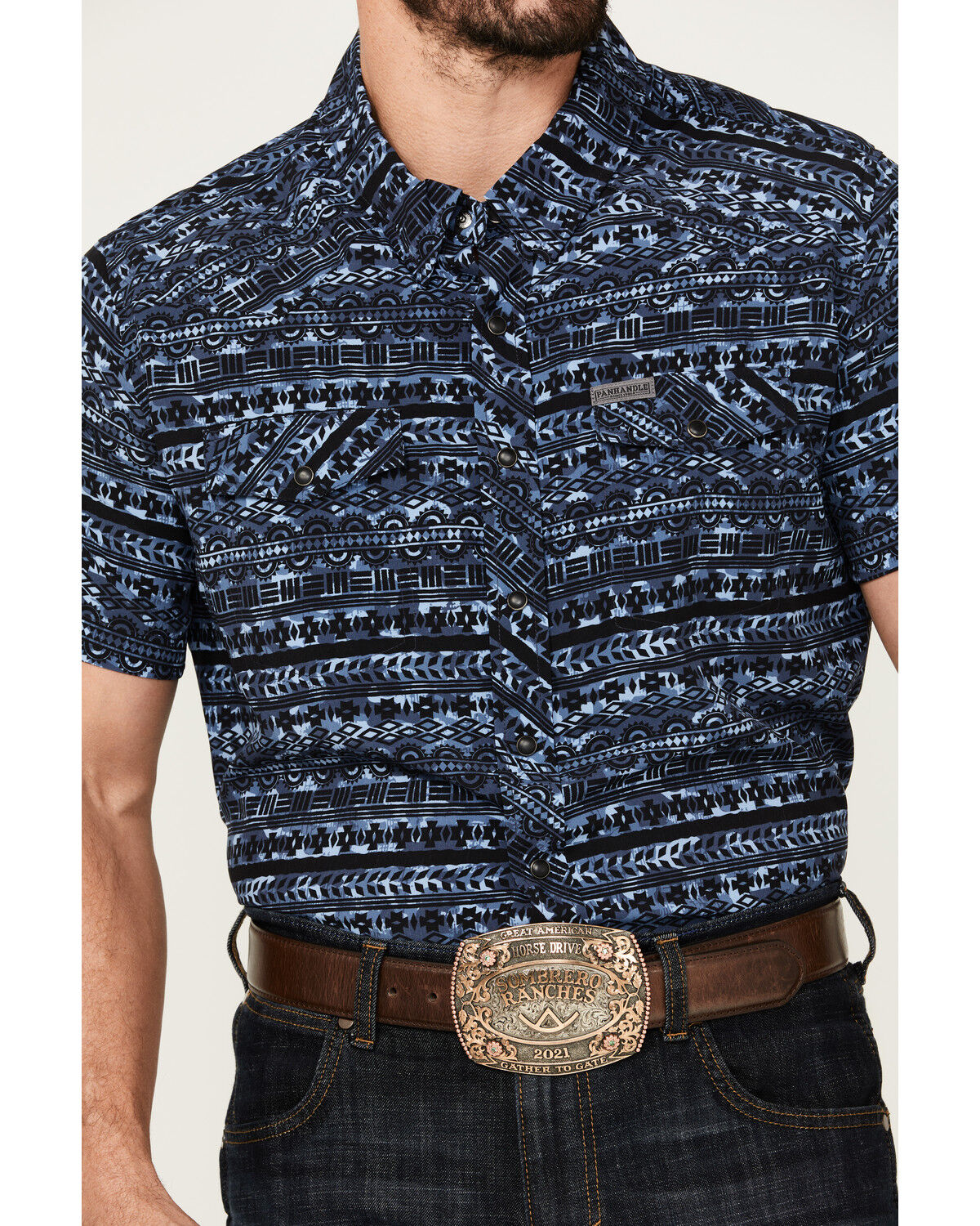 Image #3 - Rock & Roll Denim Men's Southwestern Print Short Sleeve Pearl Snap Performance Western Shirt, Dark Blue, hi-res