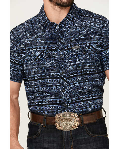 Image #3 - Rock & Roll Denim Men's Southwestern Print Short Sleeve Pearl Snap Performance Western Shirt , Dark Blue, hi-res