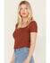 Image #2 - Moa Moa Women's Ribbed Corset Style Short Sleeve Top, Red, hi-res