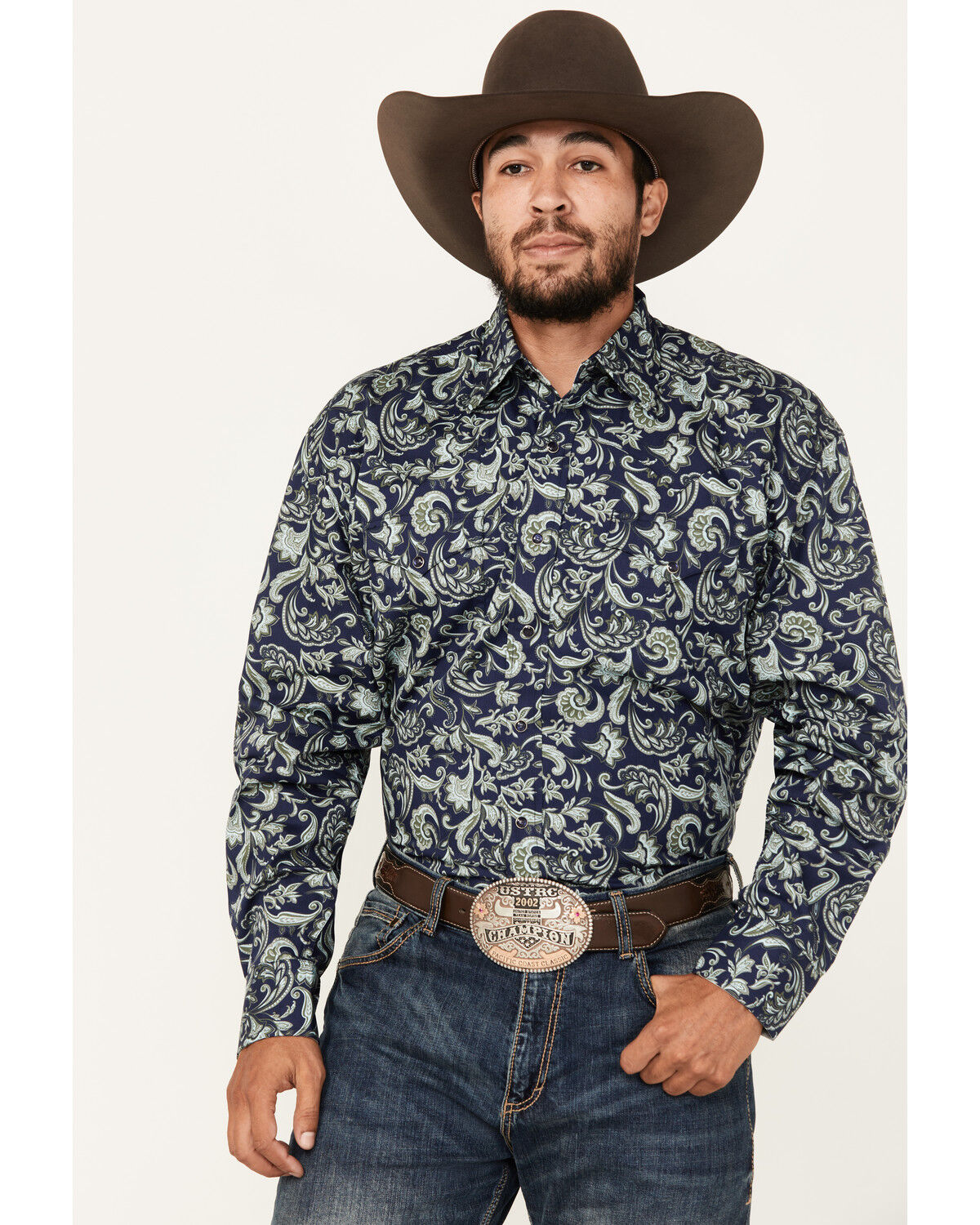 Image #1 - Stetson Men's Paisley Print Long Sleeve Button-Down Western Shirt, Dark Blue, hi-res