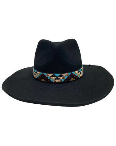 Nikki Beach Women's Mirador Beaded Trim Wool Felt Western Hat , Black, hi-res