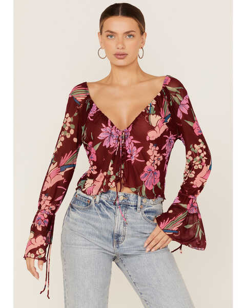 Image #1 - Free People Women's Floral Print Of Paradise Tie Front Crop Top, Red, hi-res