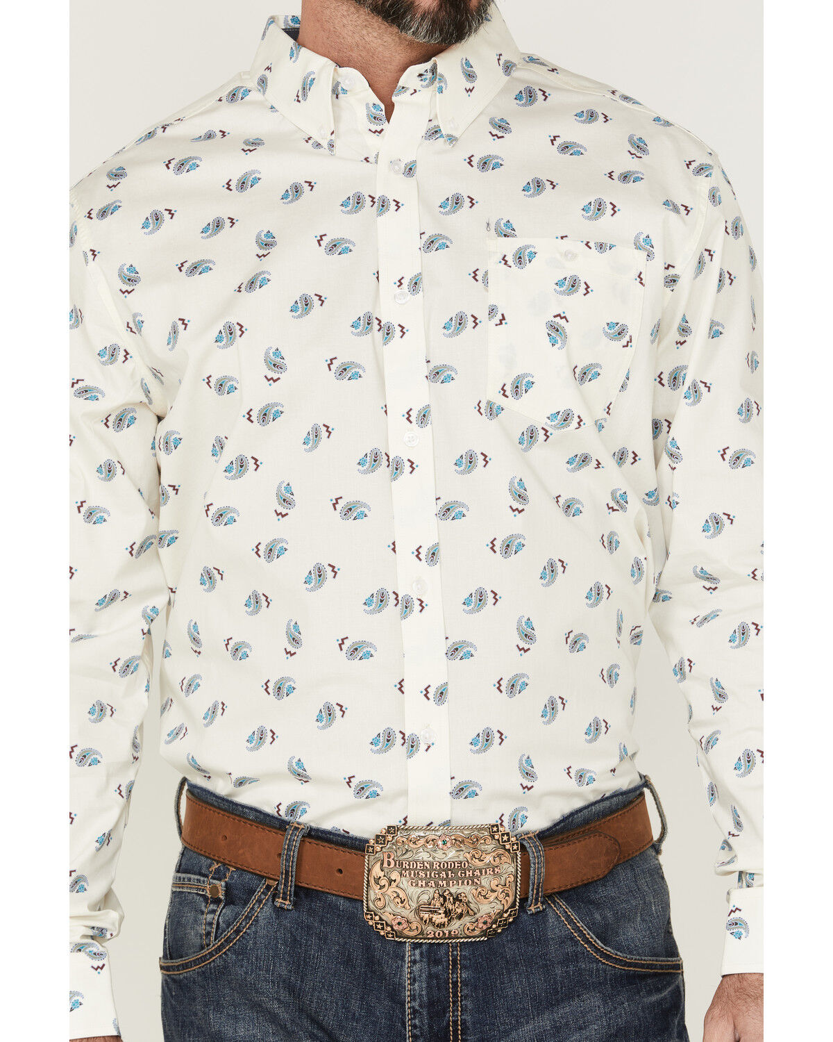 Image #3 - RANK 45® Men's Roughstock Paisley Geo Print Long Sleeve Button-Down Western Shirt, Cream, hi-res