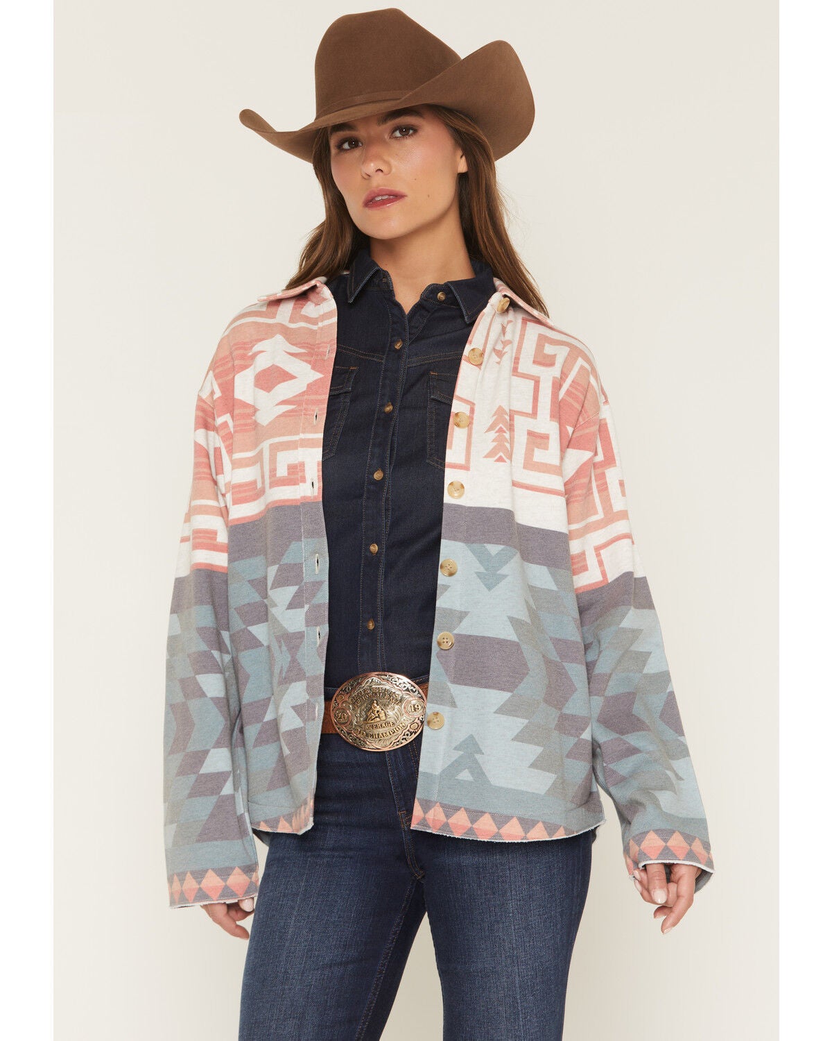 Shyanne Women's Southwestern Print Shacket, Oatmeal, hi-res
