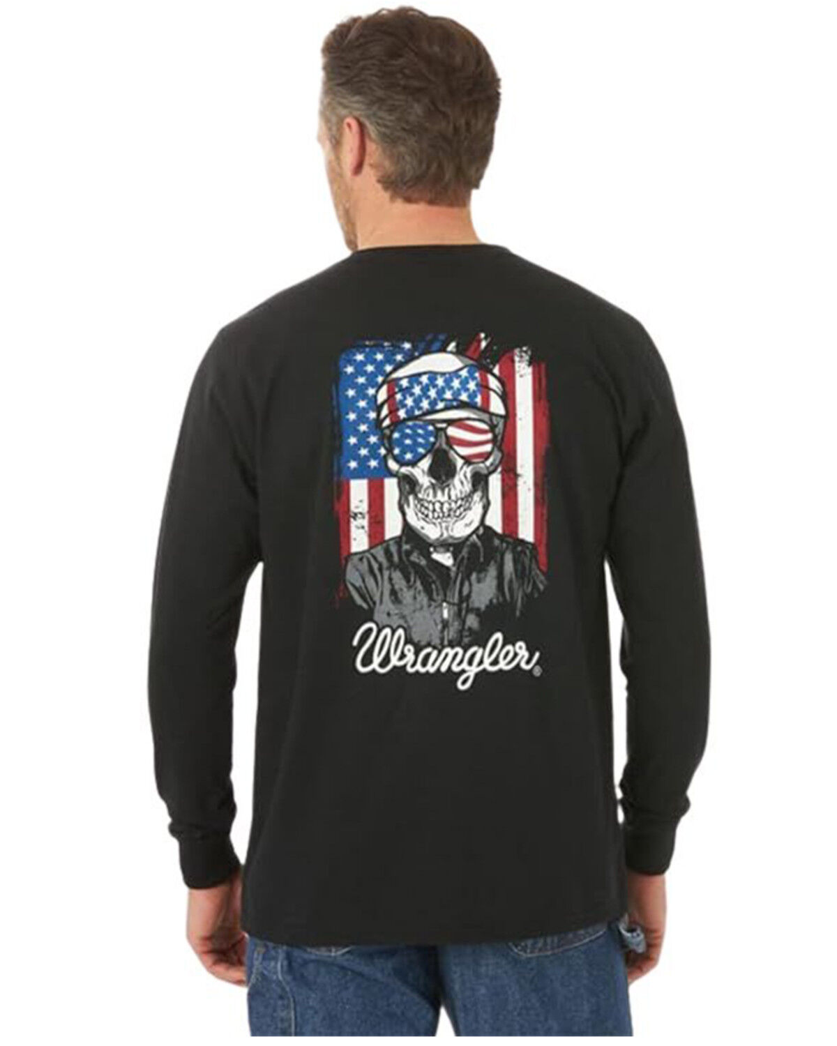 Image #1 - Wrangler FR Men's Skull Flag Graphic Long Sleeve Work T-Shirt, Black, hi-res