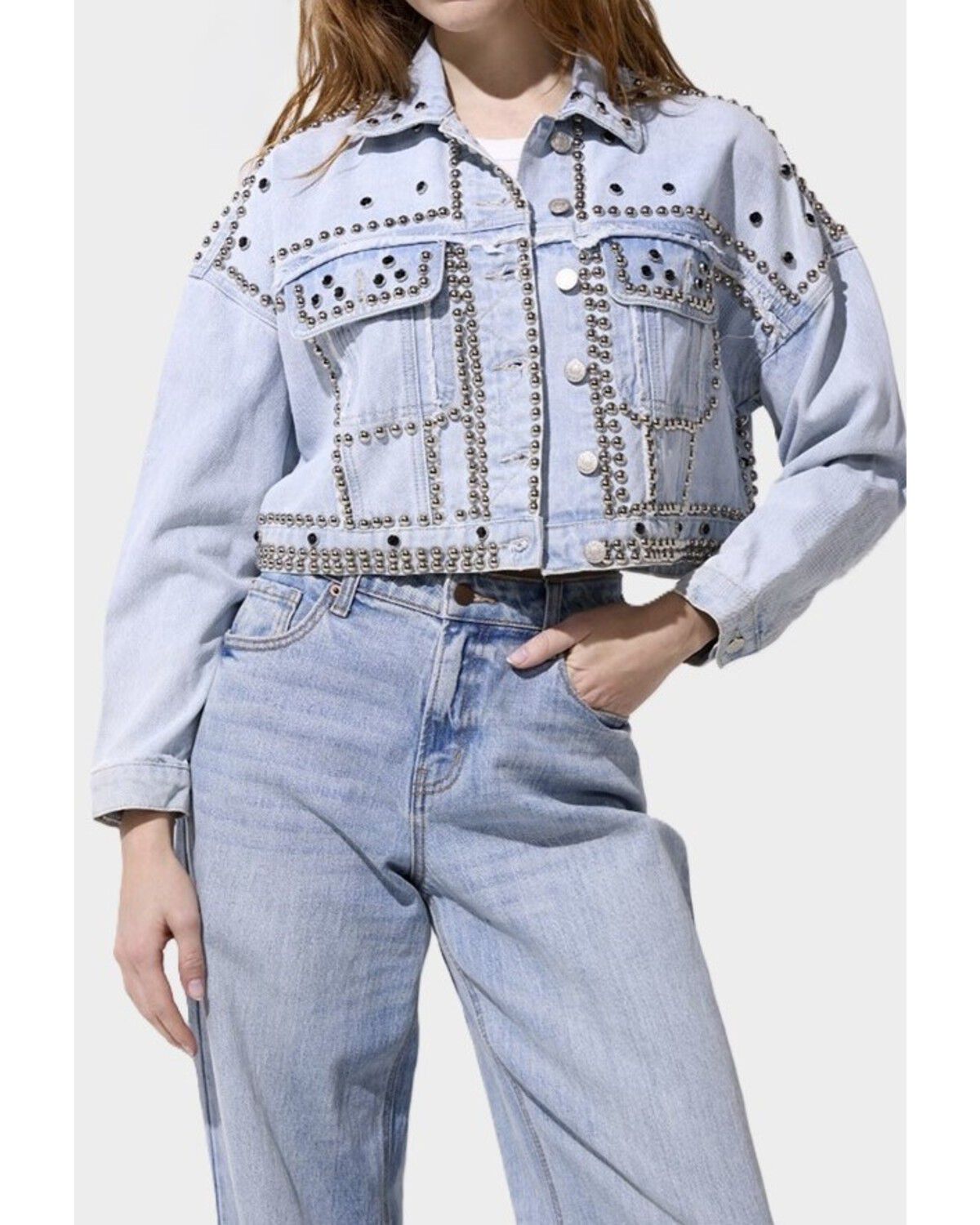 Image #1 - Azalea Wang Women's Jazella Light Wash Denim Studded Jacket, Light Wash, hi-res