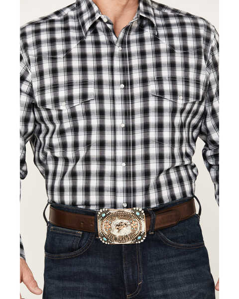Wrangler Men's Plaid Print Long Sleeve Pearl Snap Western Shirt, Black, hi-res