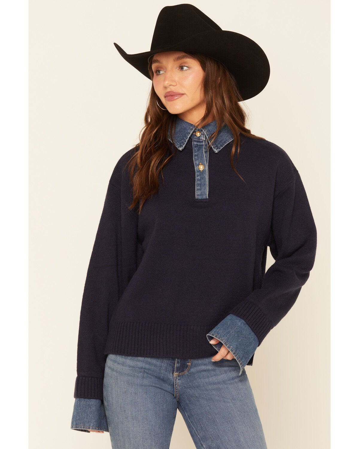 Image #1 - Revel Women's Denim Collar Sweater, Navy, hi-res