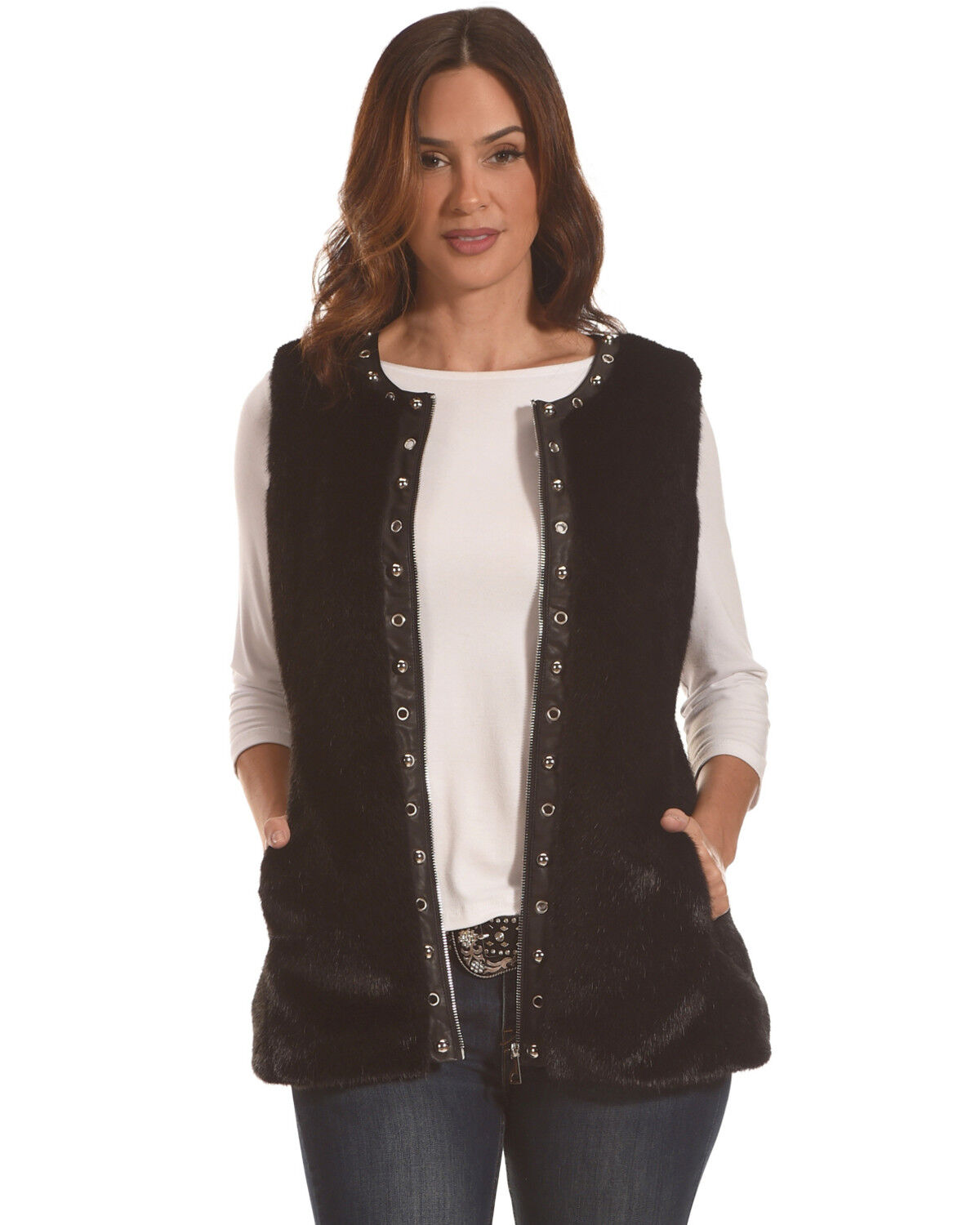 Image #2 - Tesoro Moda Women's Black Faux Fur Vest, , hi-res