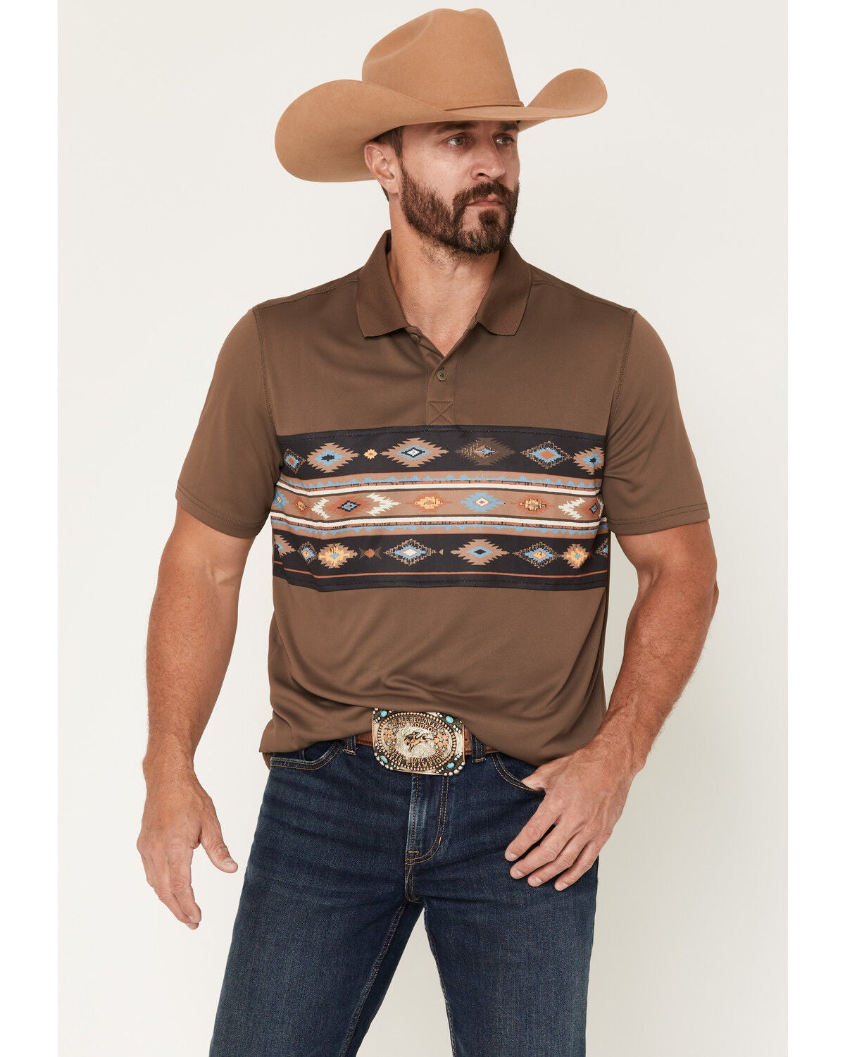 Image #1 - RANK 45&reg; Men's Sierra Noble Border Print Short Sleeve Button-Down Polo, Brown, hi-res