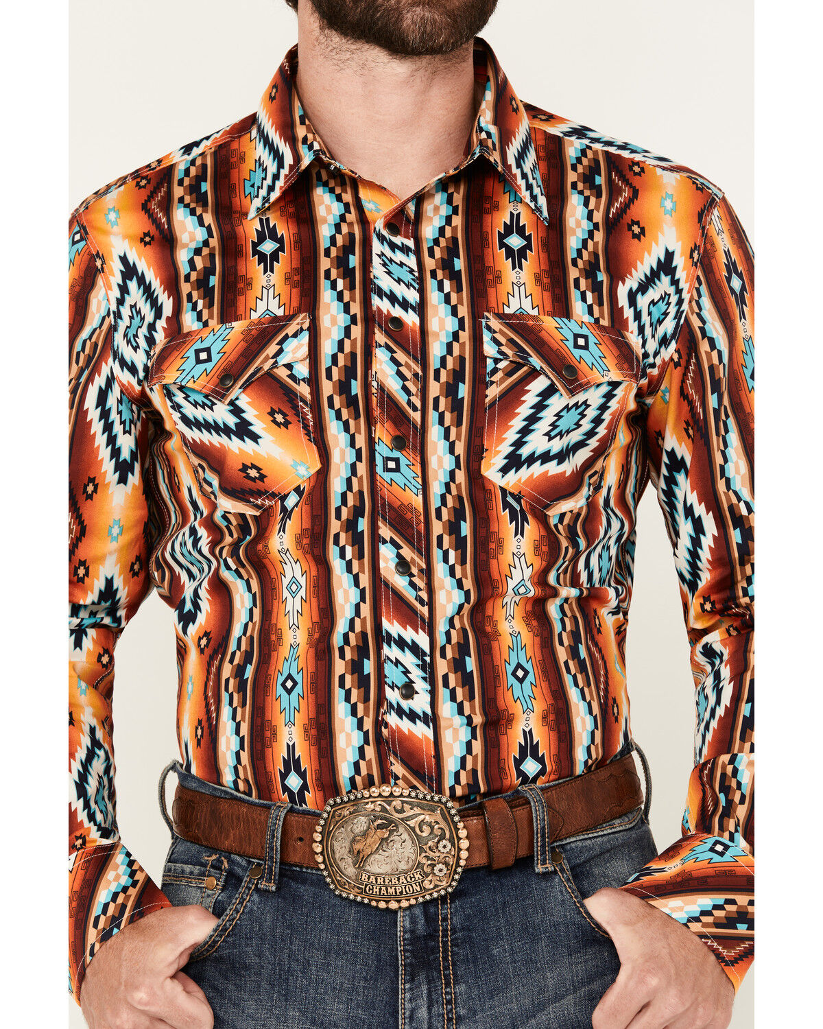 Image #3 - Rock & Roll Denim Men's Southwestern Striped Long Sleeve Snap Stretch Western Shirt, Orange, hi-res