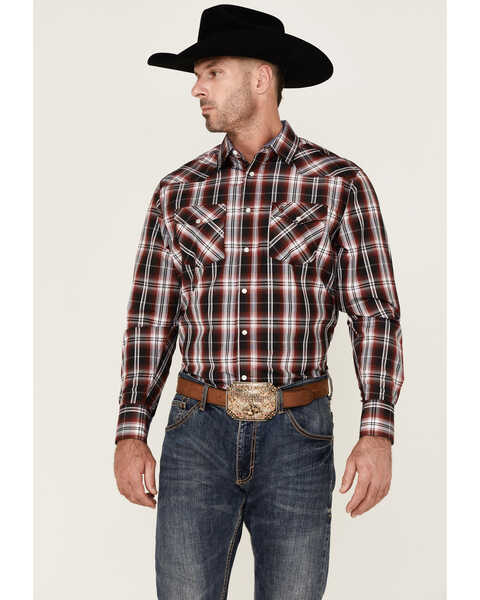 Rodeo Clothing Men's Plaid Print Long Sleeve Pearl Snap Western Shirt , Burgundy, hi-res