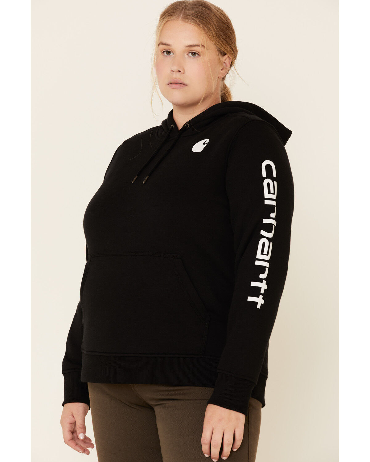 Image #1 - Carhartt Women's Black Clarksburg Sleeve Logo Hooded Sweatshirt - Plus, Black, hi-res