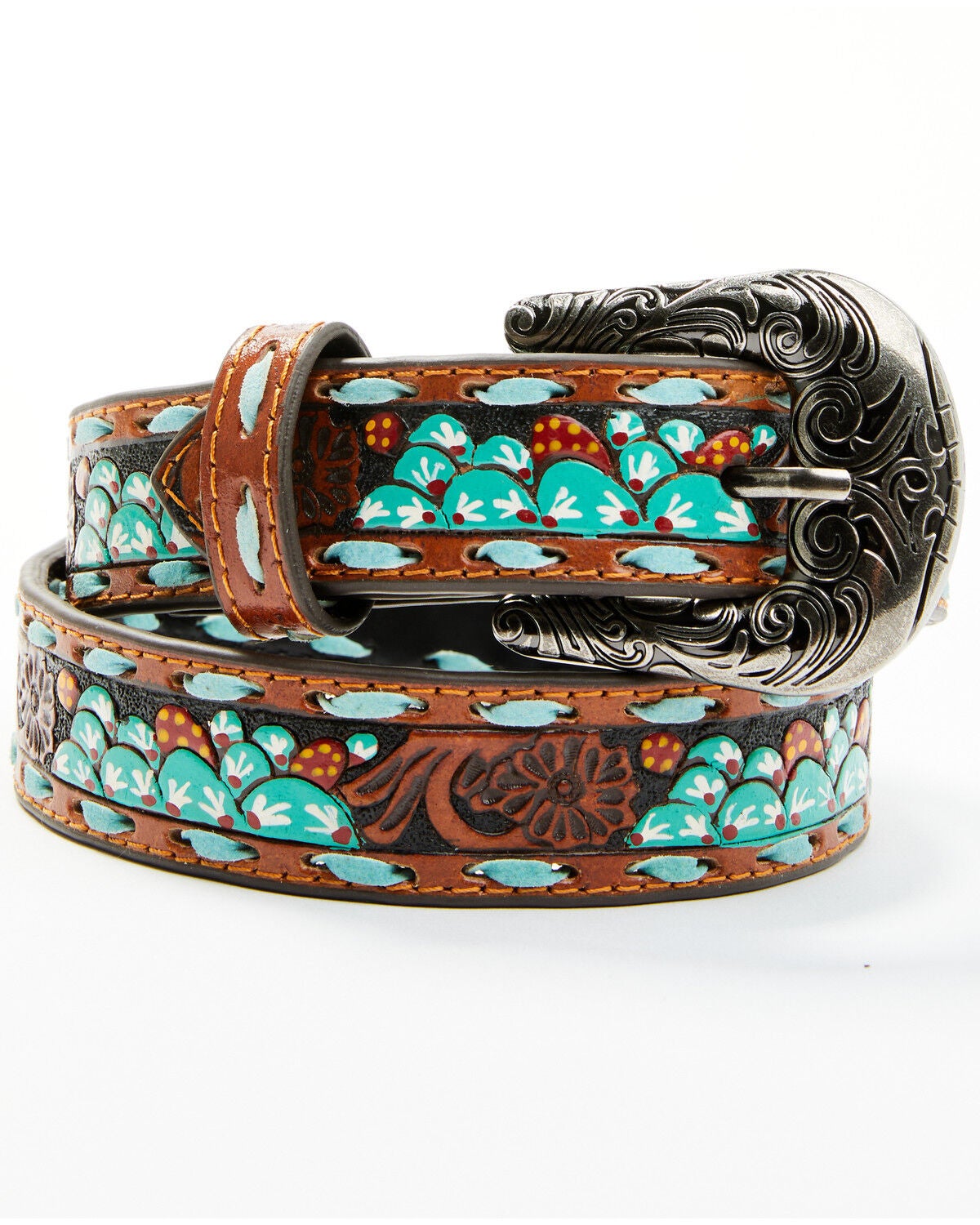 Roper Girls' Floral Hand Tooled Belt, Chocolate/turquoise, hi-res