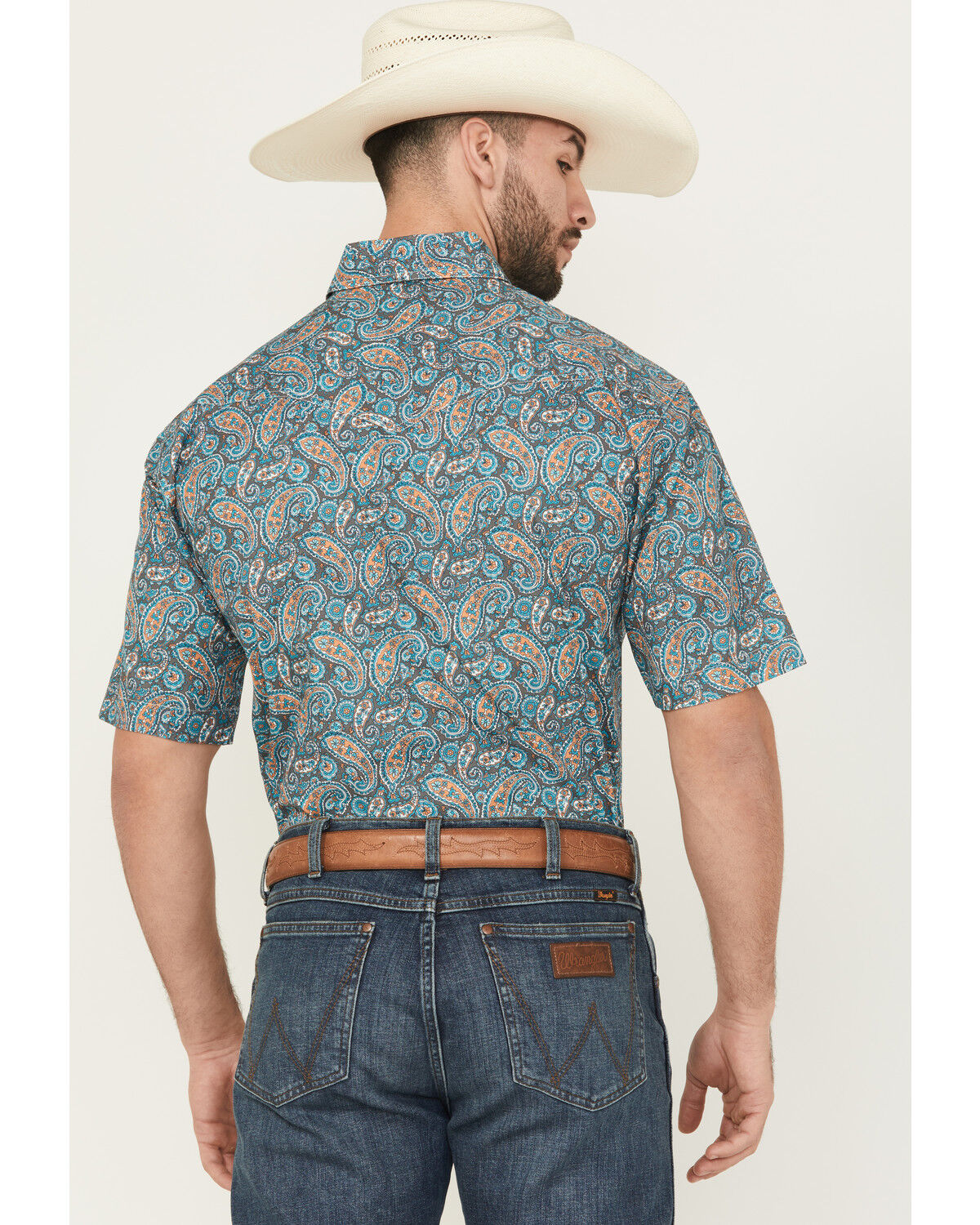 Image #4 - Roper Men's Amarillo Paisley Print Short Sleeve Snap Western Shirt, Turquoise, hi-res