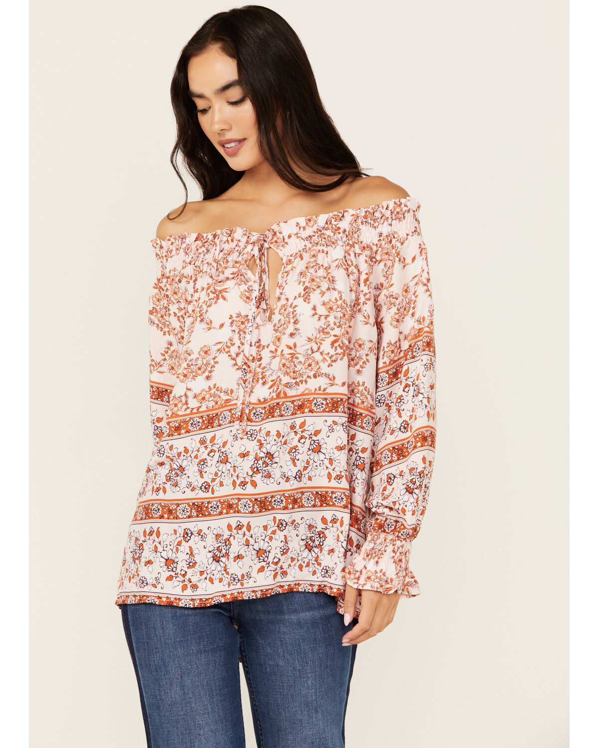 Image #1 - Wild Moss Women's Floral Border Print Off The Shoulder Top, Pink, hi-res