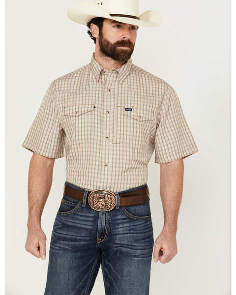 Wrangler Men's Plaid Print Short Sleeve Snap Performance Western Shirt - Tall , Tan, hi-res