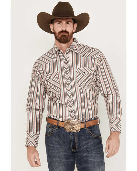 Image #1 - Wrangler Men's Silver Edition Striped Print Long Sleeve Pearl Snap Western Shirt, Rust Copper, hi-res
