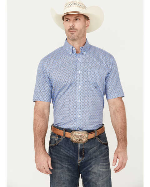 Roper Men's Geo Print Short Sleeve Button Down Western Shirt, Blue, hi-res